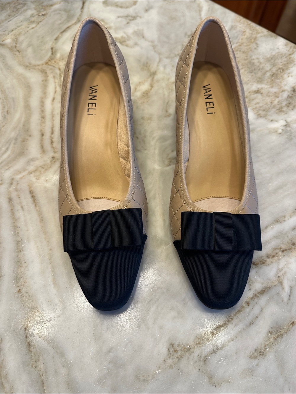 Vaneli Quilted Cream Flats with Black Cap-Toe and Bow. Brand New